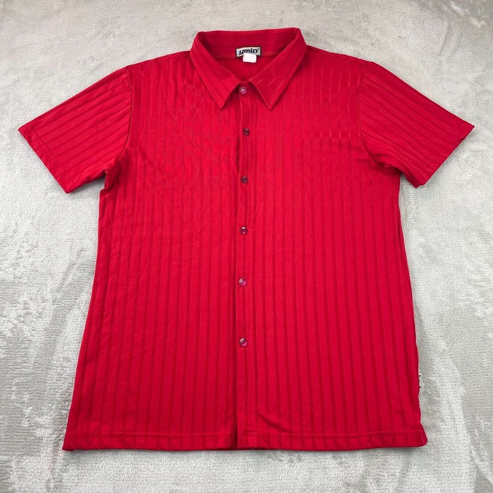 Vintage YMLA Shirt Mens XL Red‎ Club Disco Button Up Stretch 90s Short Sleeve